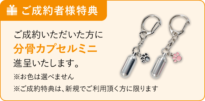 ご成約者様特典 ご成約いただいた方に分骨カプセルミニ進呈いたします。 ※お色は選べません