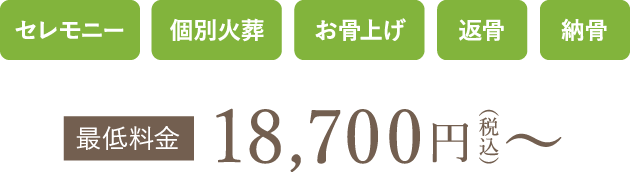 セレモニー 個別火葬 お骨上げ 辺骨 納骨 最低料金18,700円（税込）〜